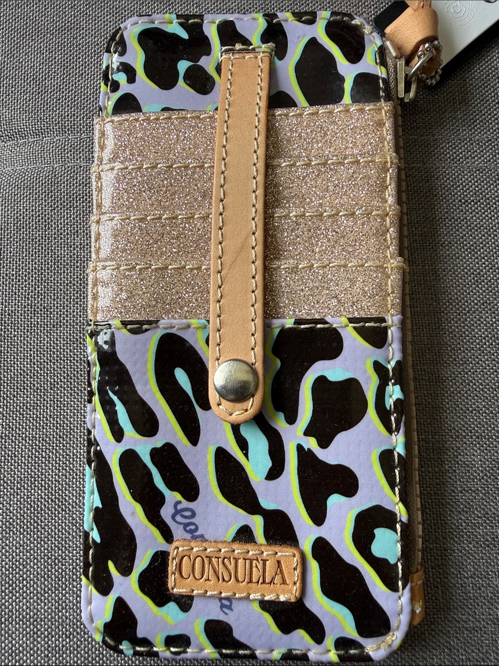 Consuela Lavender Leopard Glitter Card Phone Wallet with Tan Strap